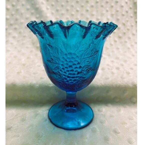 Vintage L E Smith Turquoise Blue, Grape Pattern, Crimped Rim, Footed Candy Dish - Picture 1 of 6
